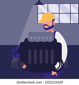 mechanic worker lifting car engine