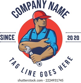 Mechanic worker logo design. Character handy man, Repair man cartoon Illustration plumber branding.