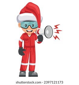 Mechaniker mit dem Weihnachtsmann, der eine Ankündigung mit einem Megaphon macht. Frohe Weihnachten. Ingenieur mit seiner persönlichen Schutzausrüstung. Arbeitsschutz und Gesundheitsschutz am Arbeitsplatz