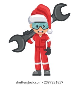Mechanic worker with Santa Claus hat with mechanic's wrench. Merry christmas . Concept of repair, preventive maintenance and technical support. Industrial safety and occupational health at work
