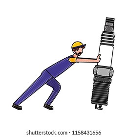 mechanic worker with spark plug engine
