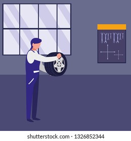mechanic worker with tire car