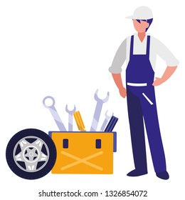 mechanic worker with tire car and toolbox