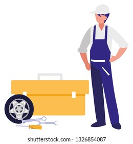 mechanic worker with tire car and toolbox