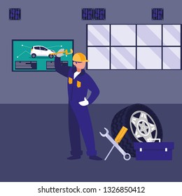 mechanic worker with tire car and tools