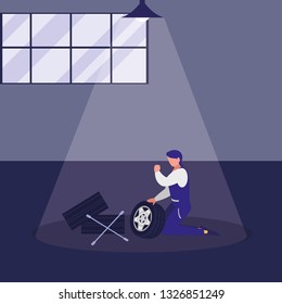 mechanic worker with tire car and tools