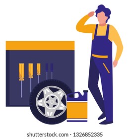 mechanic worker with tire car and tools
