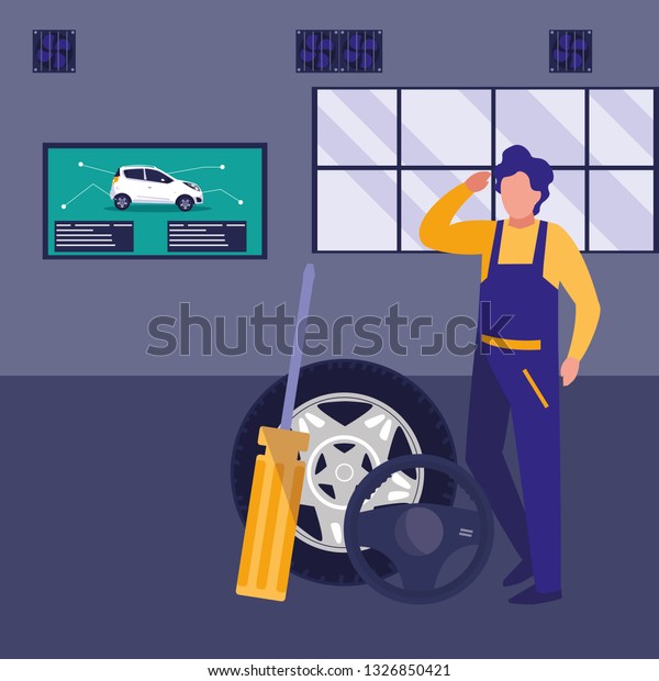 mechanic worker with tire\
car and tools