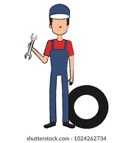 mechanic worker with tire and wrench avatar character