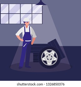 mechanic worker with tires car