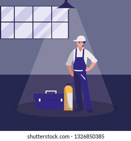 mechanic worker with toolbox and extinguisher