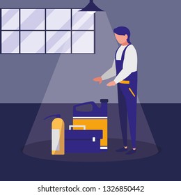 mechanic worker with toolbox and extinguisher
