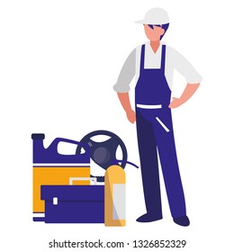 mechanic worker with toolbox and extinguisher