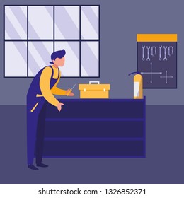 mechanic worker with toolbox and extinguisher