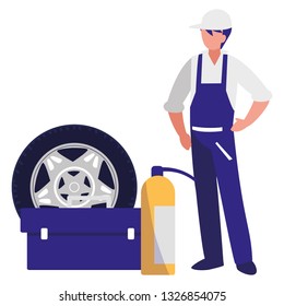 mechanic worker with toolbox and extinguisher
