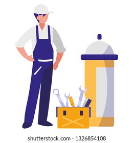 mechanic worker with toolbox and extinguisher