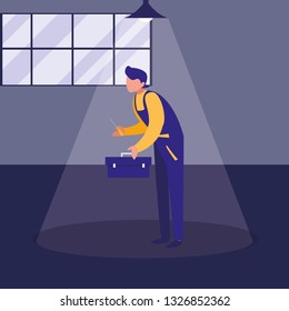 mechanic worker with toolbox in the workplace