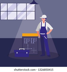 mechanic worker with tools board hanging
