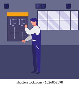mechanic worker with tools board hanging