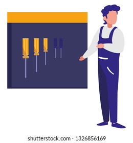 mechanic worker with tools board hanging