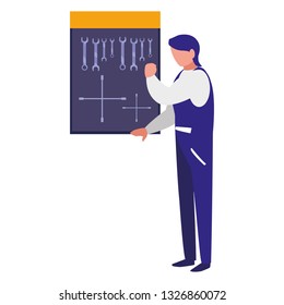 mechanic worker with tools board hanging