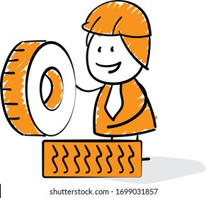 Mechanic  worker and tyre . 
Boy hand drawn doodle line art cartoon design character - isolated vector illustration outline of man.