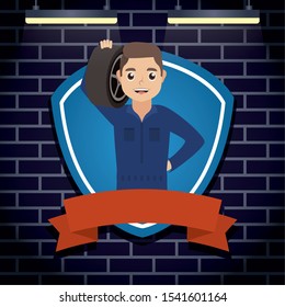 mechanic worker with tyre wheel character vector illustration design