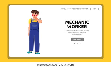 vector de trabajo mecánico. servicio de trabajo, trabajo de técnico, coche de hombre, reparación de automóviles, motor de garaje, trabajo mecánico masculino web de dibujos animados planos
