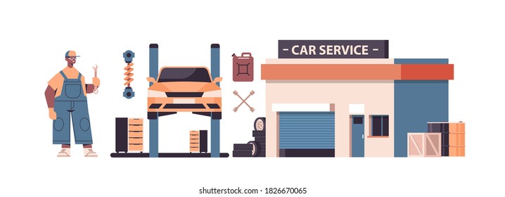 mechanic working and fixing vehicle car service automobile repair and check up maintenance station concept isolated horizontal vector illustration