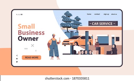 mechanic working and fixing vehicle car service automobile repair and check up maintenance station concept horizontal copy space vector illustration