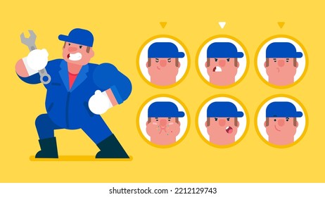 Mechanic Working hard in a Car Service, Professional Repairman is Wearing Gloves in different emotions, showing himself holding wrench, Flat avatar vector