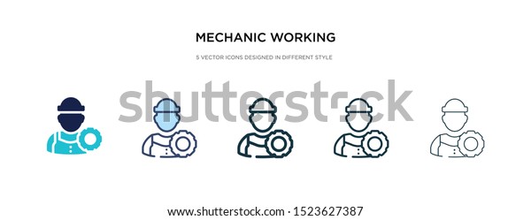 mechanic working icon in different style vector\
illustration. two colored and black mechanic working vector icons\
designed in filled, outline, line and stroke style can be used for\
web, mobile, ui