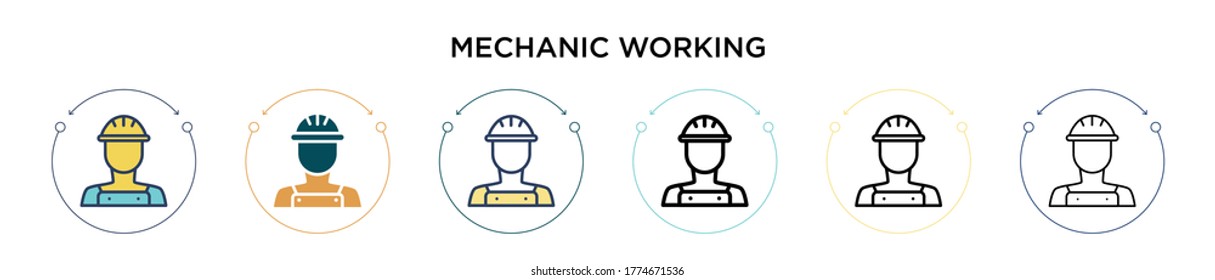 Mechanic working icon in filled, thin line, outline and stroke style. Vector illustration of two colored and black mechanic working vector icons designs can be used for mobile, ui, web