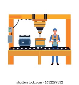 Mechanic working on a machine with battery and engine over white background, vector illustration
