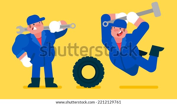 Mechanic Working on a\
Vehicle in a Car Service, Professional Repairman is Wearing Gloves\
and Using hammer to hit wheel, showing himself holding wrench, Flat\
avatar vector