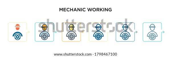 Mechanic working vector icon in 6 different modern\
styles. Black, two colored mechanic working icons designed in\
filled, outline, line and stroke style. Vector illustration can be\
used for web, 