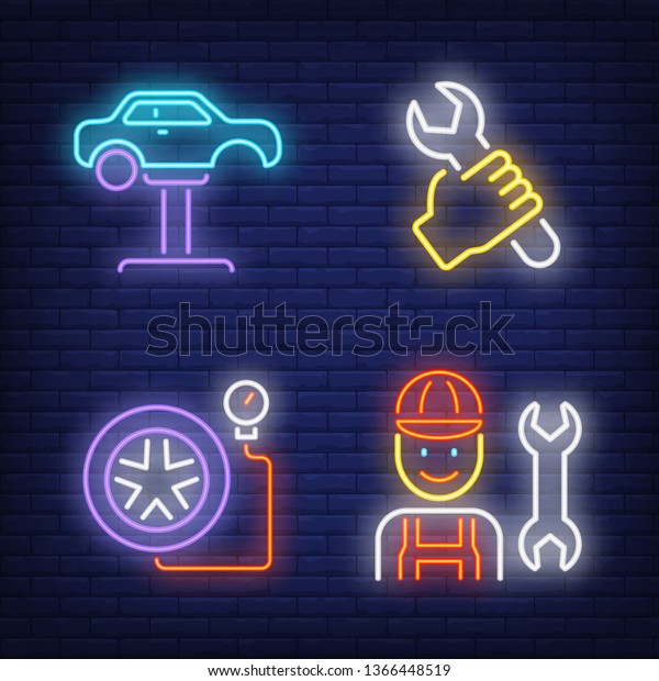 Mechanic, wrench, car on auto lift and tire neon\
signs set. Car service, equipment and repair design. Night bright\
neon sign, colorful billboard, light banner. Vector illustration in\
neon style.