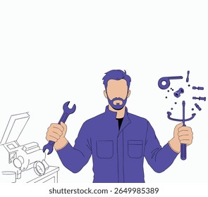 Mechanic with wrench in hand, surrounded by vibrant colors.