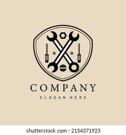 mechanic wrench linear logo, icon and symbol, with emblem vector illustration design