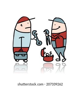 Mechanic with wrench and suitcase for instruments