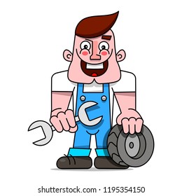 Mechanic with a wrench and a wheel from the car. Vector illustration.