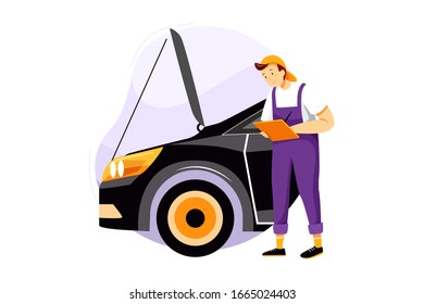 Mechanic writing on clipboard in open hood at the repair garage vector Illustration