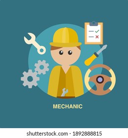mechanic with yellow hat and dress as protection gear with equipment of spanner screw driver car wheel handle check list nuts bolts with blue background