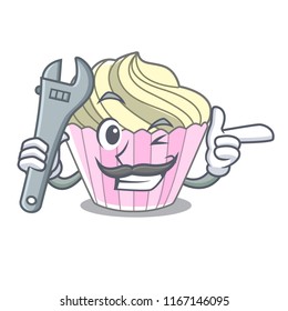 Mechanic yummy meringue cake on mascot cartoon
