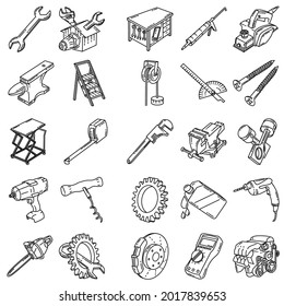 Mechanical Activity and Equipment Device Hand Drawn Icon Set Vector.