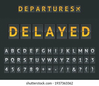 Mechanical Airport Flip Board Departure Delayed and Set of Letters and Numbers on a Scoreboard. Vector illustration