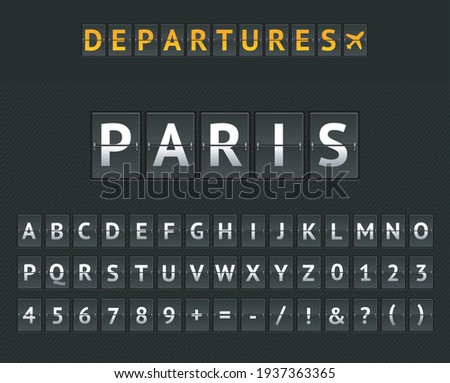 Mechanical Airport Flip Board Departure Paris and Set of Letters and Numbers on a Scoreboard. Vector illustration