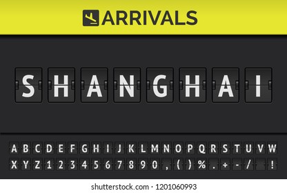 Mechanical Airport Flip Board Font With Flight Info Of Destination In Asia: Shanghai With Aircraft Arrival Sign. Vector