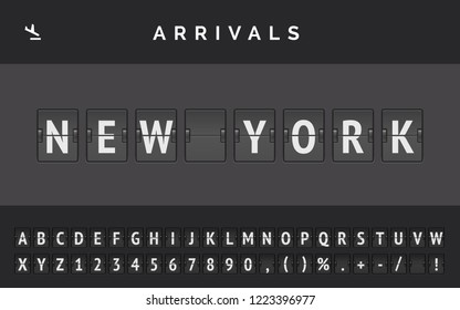 Mechanical airport flip board font displays flight info of destination in America: New York with aircraft arrival sign . Vector illustration