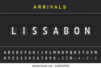 Mechanical airport flip board font displays flight info of destination in Europe: Lissabon with aircraft arrival sign . Vector illustration